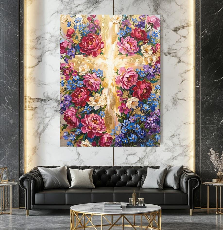 Floral Cross Wall Art | Christian Canvas Print | Flower Faith Decor — Framed Print wall art