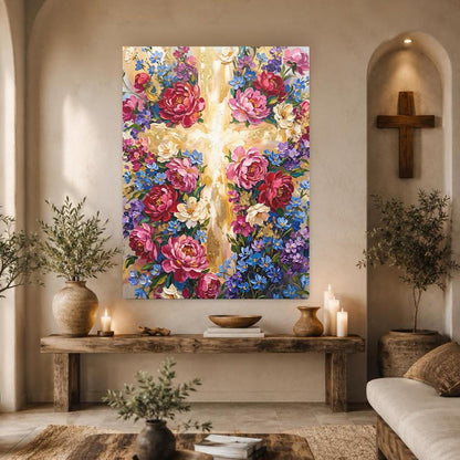 Floral Cross Wall Art | Christian Canvas Print | Flower Faith Decor — Framed Print wall art