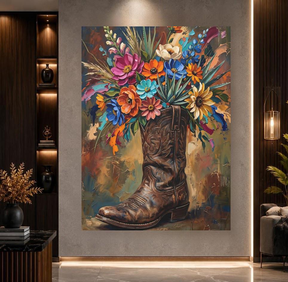 Cowboy Boot Wall Art | Western Floral Canvas Print | Cowgirl Decor — Poster wall art