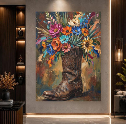 Cowboy Boot Wall Art | Western Floral Canvas Print | Cowgirl Decor — Poster wall art