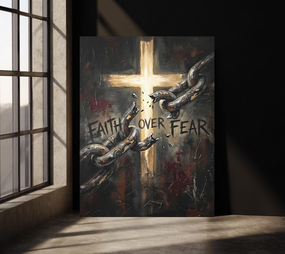 Faith Over Fear Wall Art | Christian Cross Canvas Print | Broken Chains Decor — Framed Print wall art