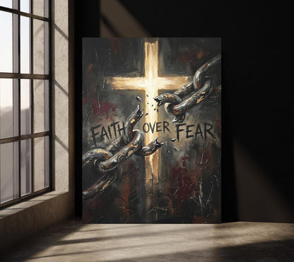 Faith Over Fear Wall Art | Christian Cross Canvas Print | Broken Chains Decor — Framed Print wall art
