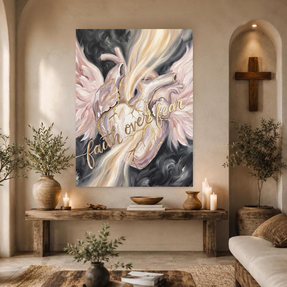Faith Over Fear Wall Art | Angel Wings Canvas Print | Feminine Christian Decor — Framed Print wall art