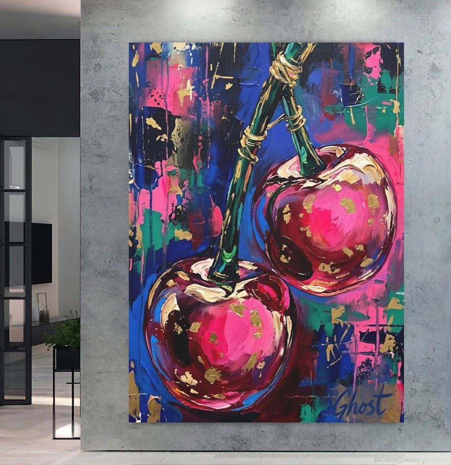Pop Art Cherry Canvas Wall Art, Dopamine Decor Print, Maximalist Pink Fruit Canvas — Poster wall art
