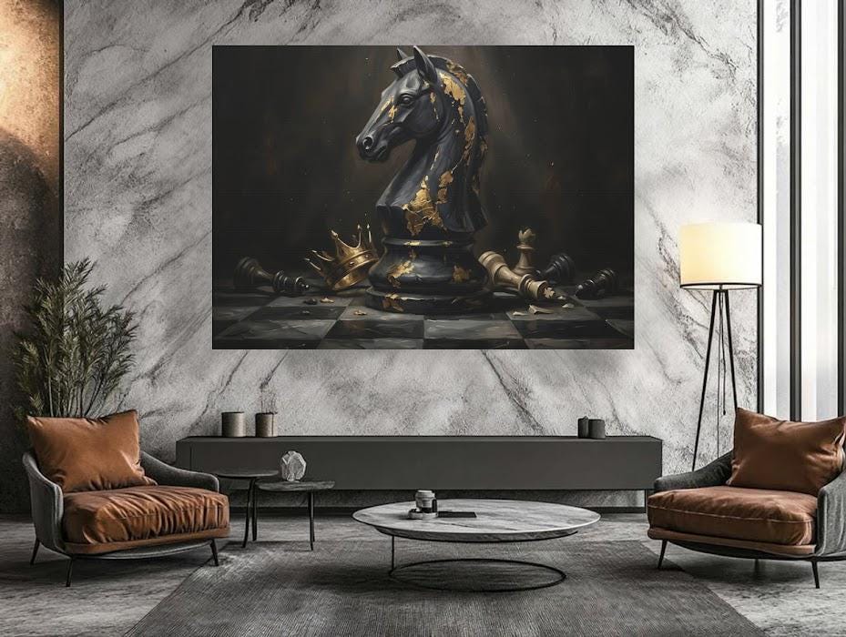 Chess Wall Art Knight Piece | Mens Office Decor | Luxury Game Room Art — Framed Print wall art