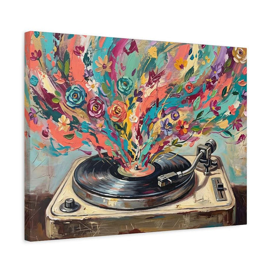 Vintage Record Player Canvas Wall Art, Colorful Floral Turntable Print, Dopamine Decor — Canvas wall art
