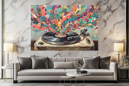 Vintage Record Player Canvas Wall Art, Colorful Floral Turntable Print, Dopamine Decor — Poster wall art