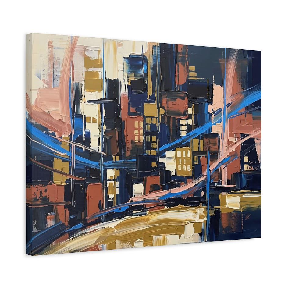 Abstract Cityscape Canvas Wall Art, Heavy Impasto Skyline Print, Navy Blue Urban Decor — Canvas wall art