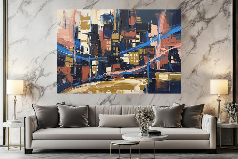 Abstract Cityscape Canvas Wall Art, Heavy Impasto Skyline Print, Navy Blue Urban Decor — Framed Print wall art