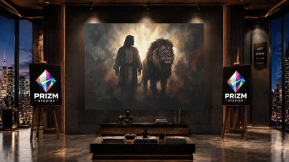 Jesus and Lion Canvas Wall Art, Lion of Judah Christian Painting, Faith Based Religious Decor — Framed Print wall art