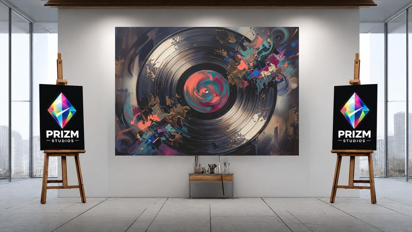 Vinyl Record Wall Art, Abstract Music Canvas Print, Modern DJ Studio Decor, Turntable Inspired Painting — Framed Print wall