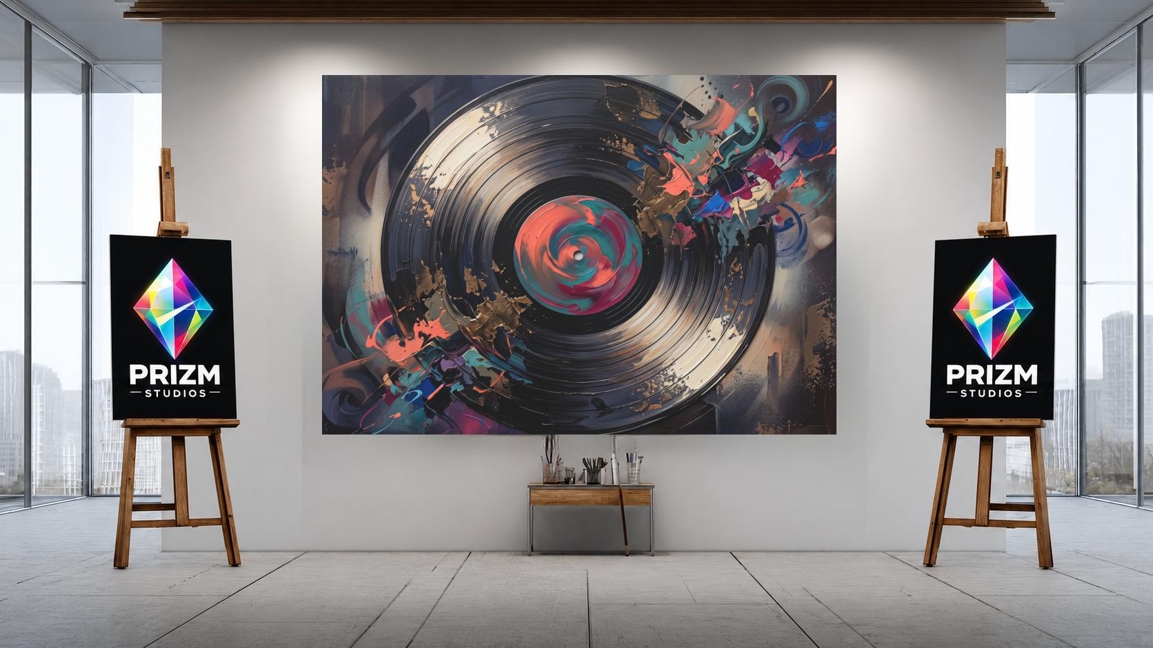 Vinyl Record Wall Art, Abstract Music Canvas Print, Modern DJ Studio Decor, Turntable Inspired Painting — Framed Print wall