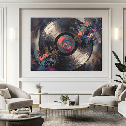 Vinyl Record Wall Art, Abstract Music Canvas Print, Modern DJ Studio Decor, Turntable Inspired Painting — Framed Print wall