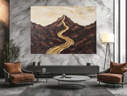 Abstract Mountain Landscape Wall Art, Gold River Canvas Print, Neutral Earth Tone Large Wall Decor — Framed Print wall art
