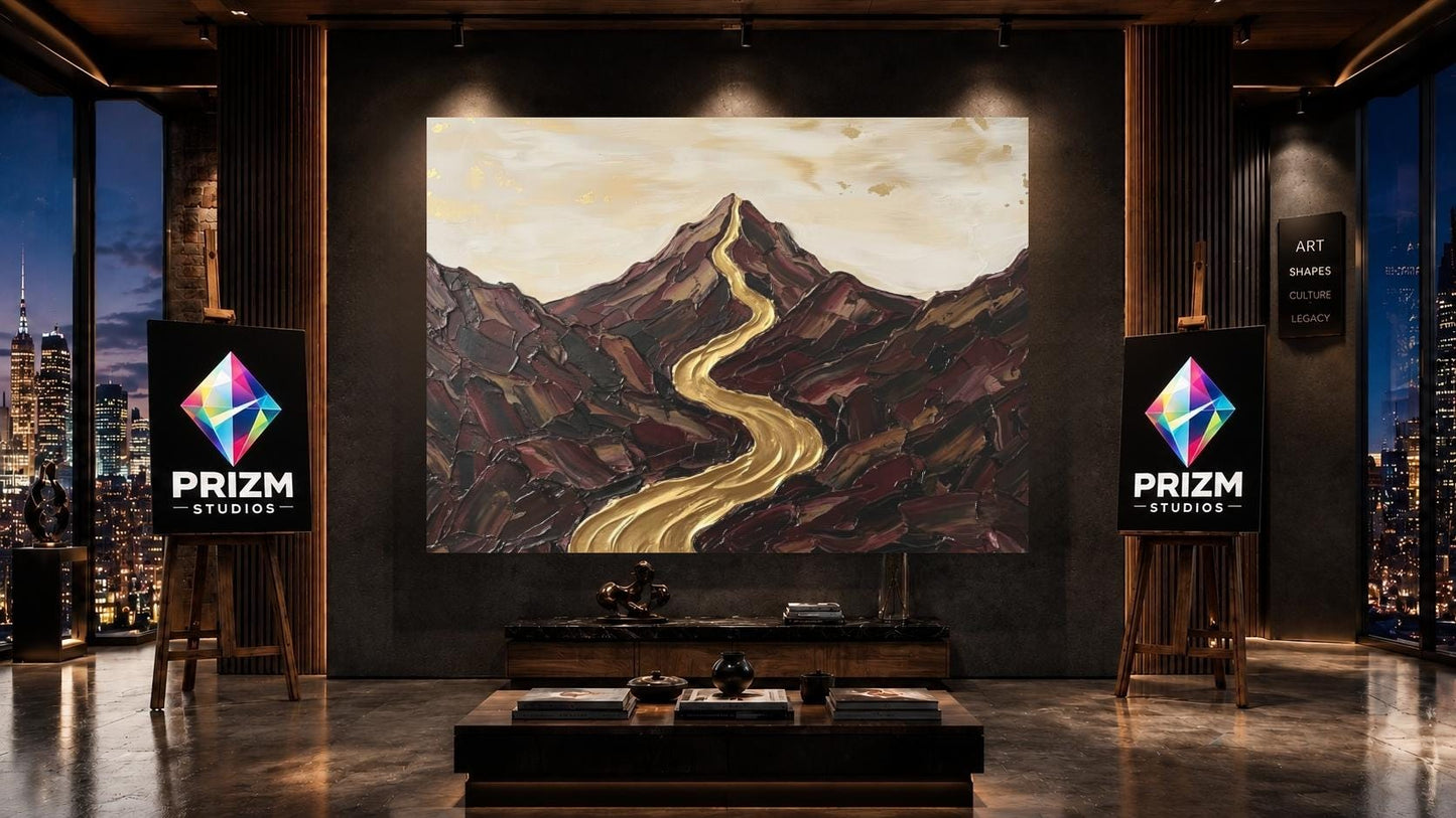 Abstract Mountain Landscape Wall Art, Gold River Canvas Print, Neutral Earth Tone Large Wall Decor — Framed Print wall art