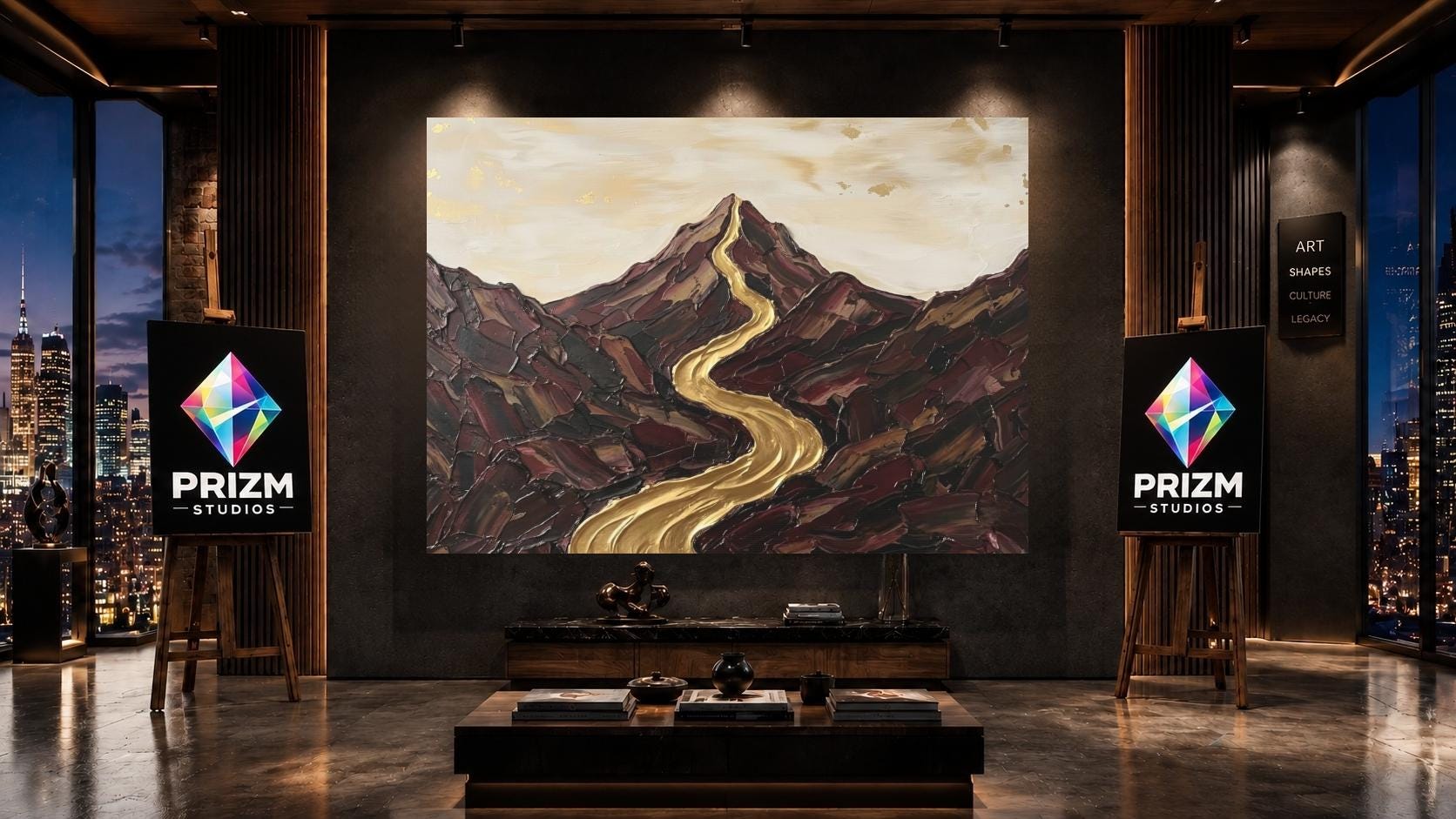 Abstract Mountain Landscape Wall Art, Gold River Canvas Print, Neutral Earth Tone Large Wall Decor — Framed Print wall art