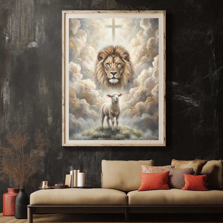 Lion and Lamb Wall Art | Christian Canvas Print | Prayer Room Decor — Framed Print wall art