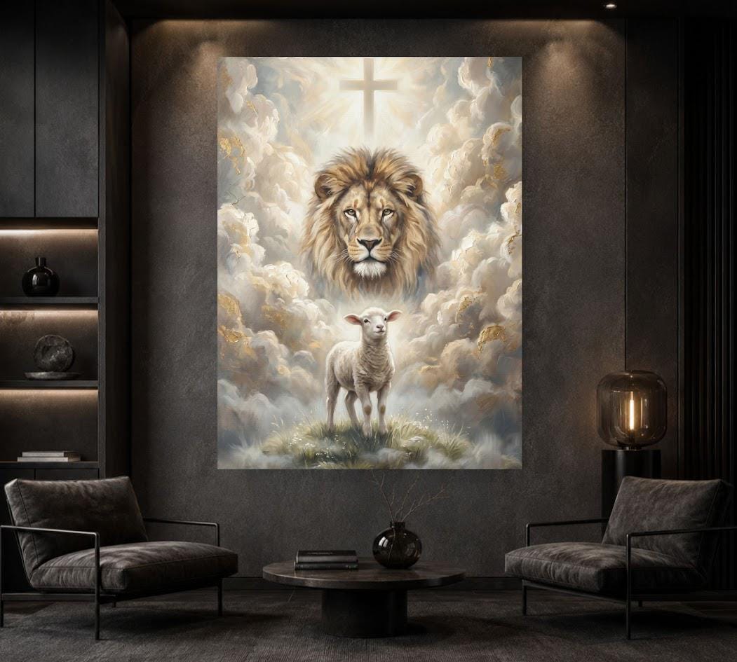 Lion and Lamb Wall Art | Christian Canvas Print | Prayer Room Decor — Framed Print wall art