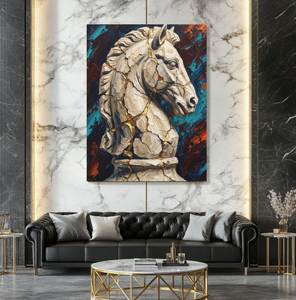 White Chess Knight Art | Cracked Gold Canvas Print | Masculine Office Decor — Framed Print wall art
