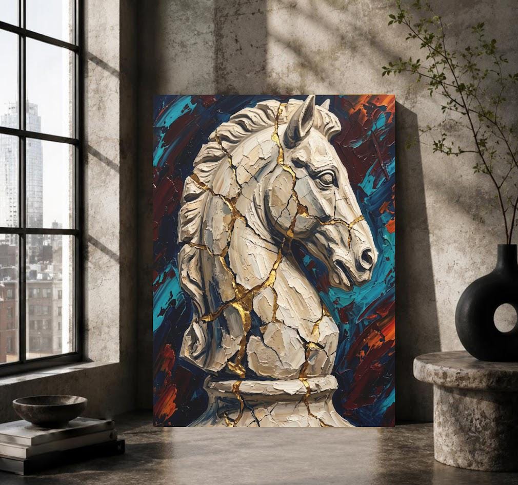White Chess Knight Art | Cracked Gold Canvas Print | Masculine Office Decor — Framed Print wall art