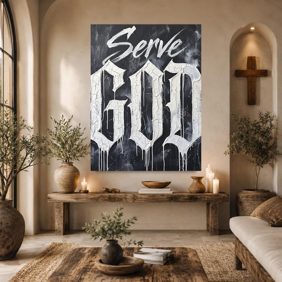 Christian Quote Wall Art | Serve God Canvas | Black and White Faith Decor — Framed Print wall art