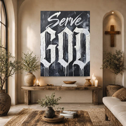 Christian Quote Wall Art | Serve God Canvas | Black and White Faith Decor — Framed Print wall art