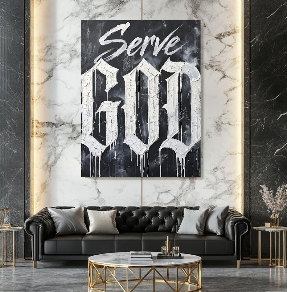 Christian Quote Wall Art | Serve God Canvas | Black and White Faith Decor — Framed Print wall art