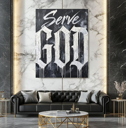 Christian Quote Wall Art | Serve God Canvas | Black and White Faith Decor — Framed Print wall art