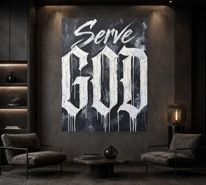 Christian Quote Wall Art | Serve God Canvas | Black and White Faith Decor — Framed Print wall art