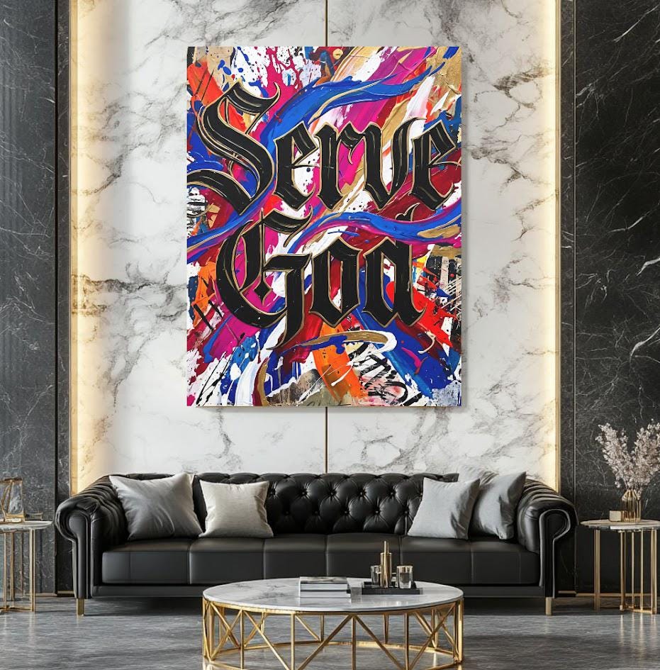 Graffiti Christian Wall Art | Serve God Canvas | Colorful Urban Decor — Framed Print wall art