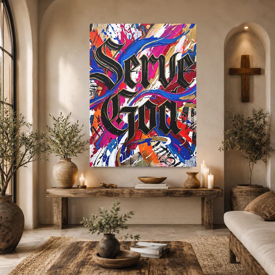 Graffiti Christian Wall Art | Serve God Canvas | Colorful Urban Decor — Framed Print wall art