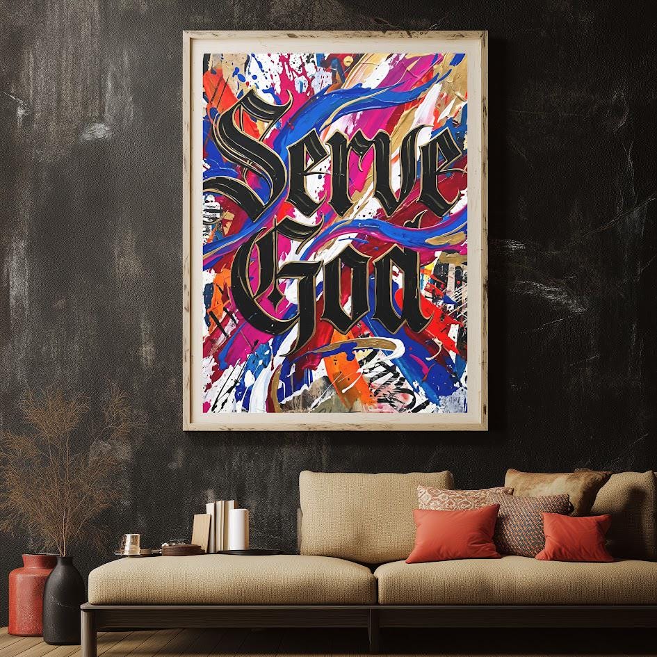 Graffiti Christian Wall Art | Serve God Canvas | Colorful Urban Decor — Framed Print wall art