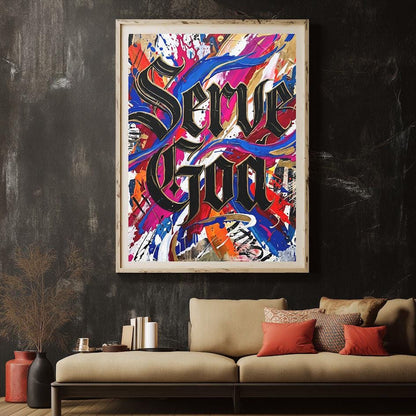 Graffiti Christian Wall Art | Serve God Canvas | Colorful Urban Decor — Framed Print wall art