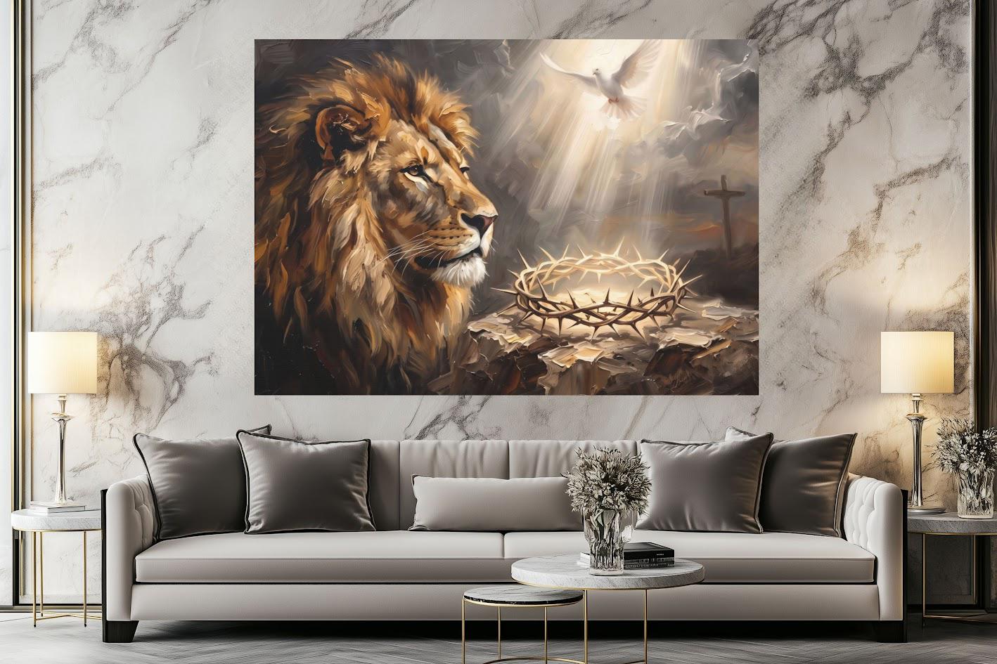 Lion of Judah Wall Art | Crown of Thorns Canvas | Christian Home Decor — Framed Print wall art