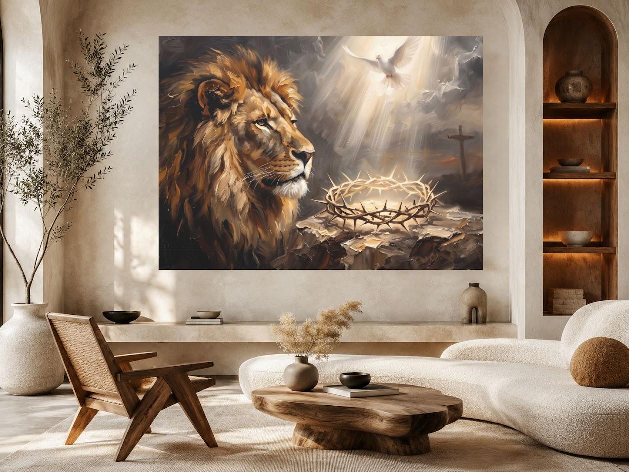Lion of Judah Wall Art | Crown of Thorns Canvas | Christian Home Decor — Framed Print wall art