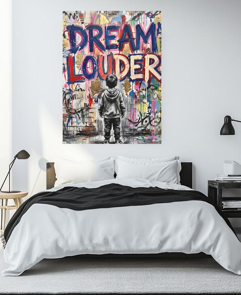 Dream Louder Wall Art, Inspirational Graffiti Canvas, Kids Bedroom Decor, Teen Room Poster, Urban Quote Artwork — Framed