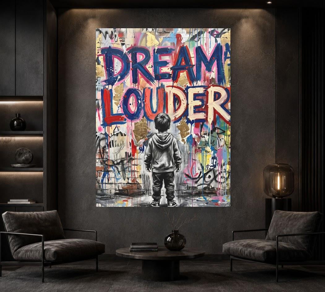 Dream Louder Wall Art, Inspirational Graffiti Canvas, Kids Bedroom Decor, Teen Room Poster, Urban Quote Artwork — Framed