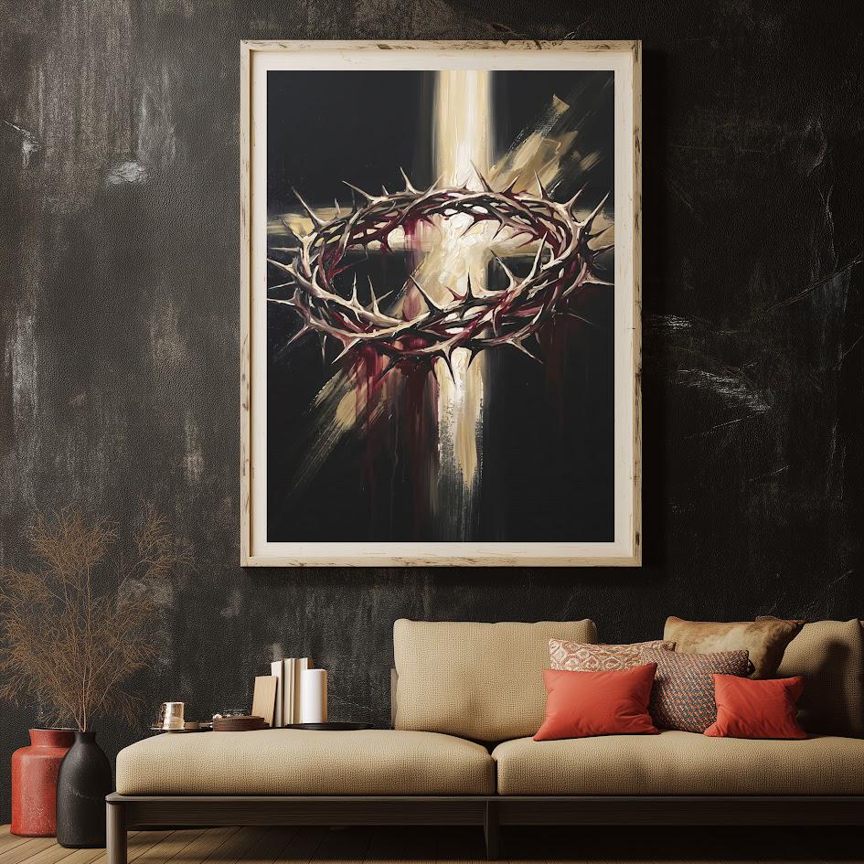 Crown of Thorns Wall Art, Christian Canvas Print, Cross Wall Decor, Jesus Faith Artwork, Religious Living Room Decor — Framed