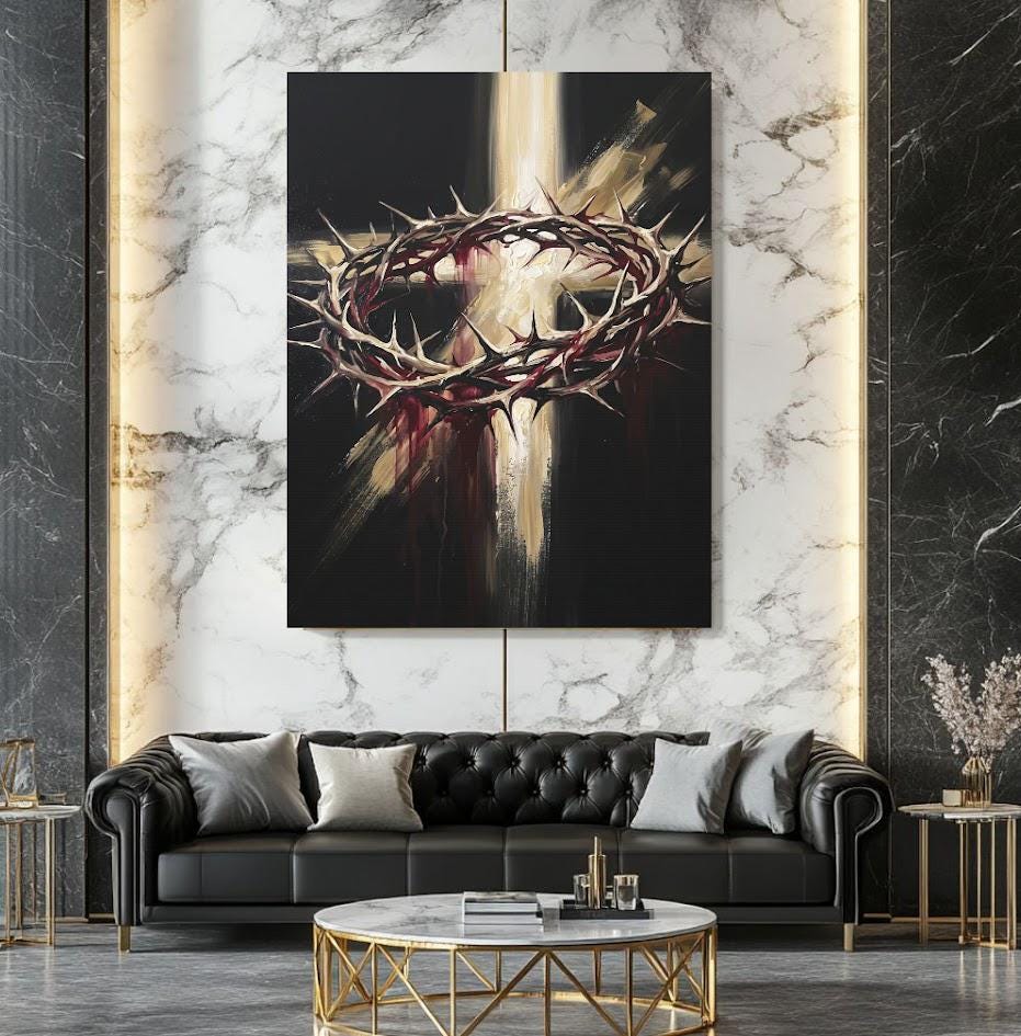 Crown of Thorns Wall Art, Christian Canvas Print, Cross Wall Decor, Jesus Faith Artwork, Religious Living Room Decor — Framed