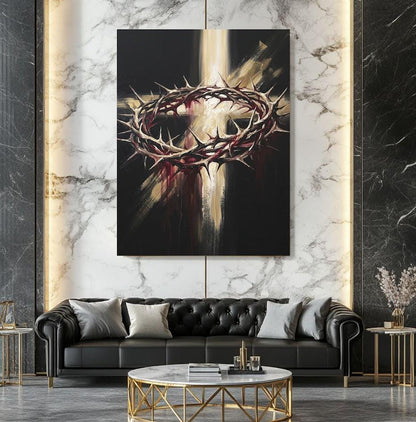 Crown of Thorns Wall Art, Christian Canvas Print, Cross Wall Decor, Jesus Faith Artwork, Religious Living Room Decor — Framed