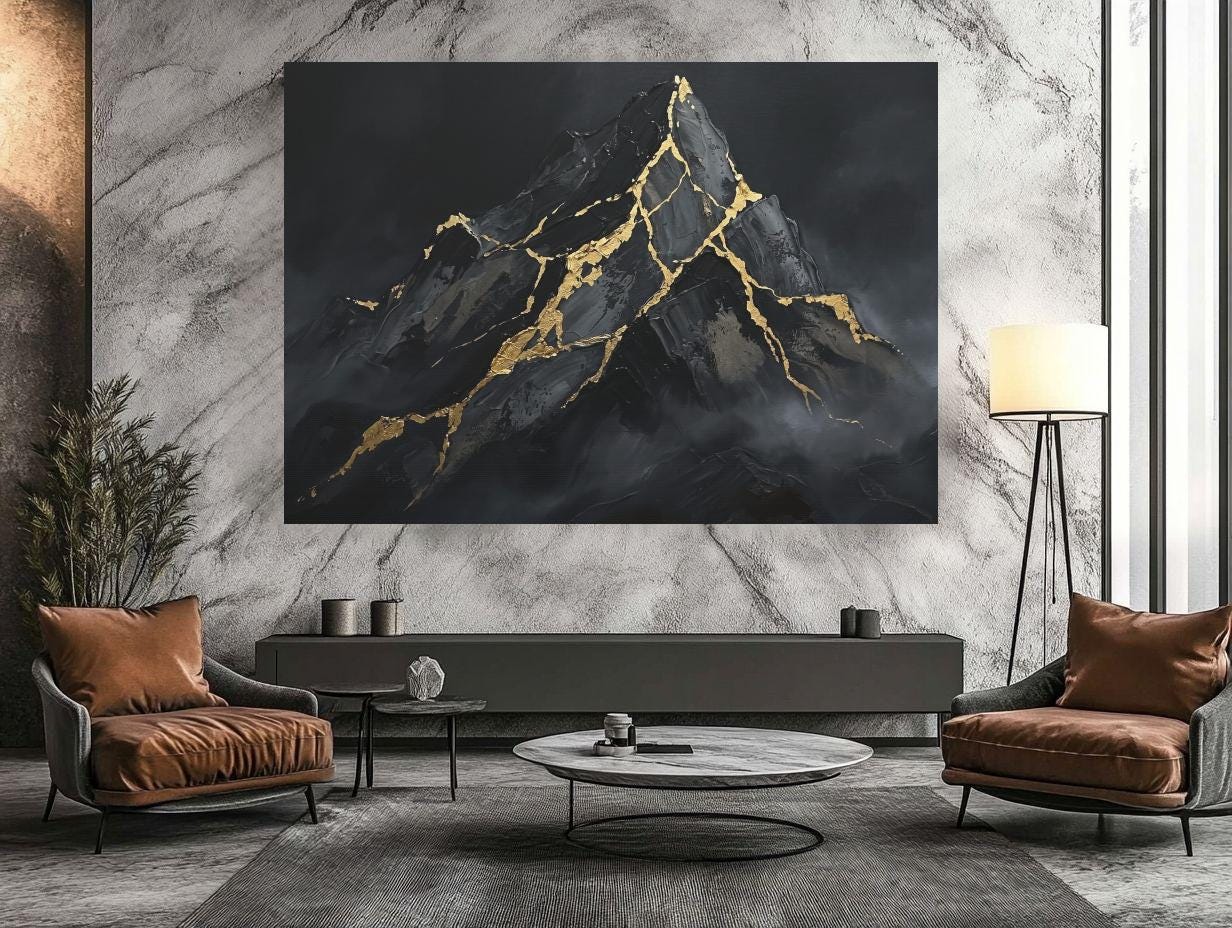 Mountain Wall Art | Black Gold Kintsugi Canvas | Masculine Office Decor — Framed Print wall art