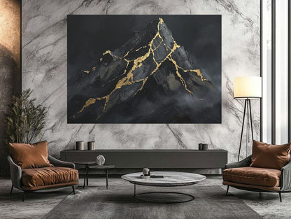Mountain Wall Art | Black Gold Kintsugi Canvas | Masculine Office Decor — Framed Print wall art