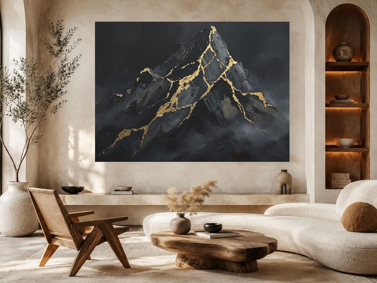 Mountain Wall Art | Black Gold Kintsugi Canvas | Masculine Office Decor — Framed Print wall art