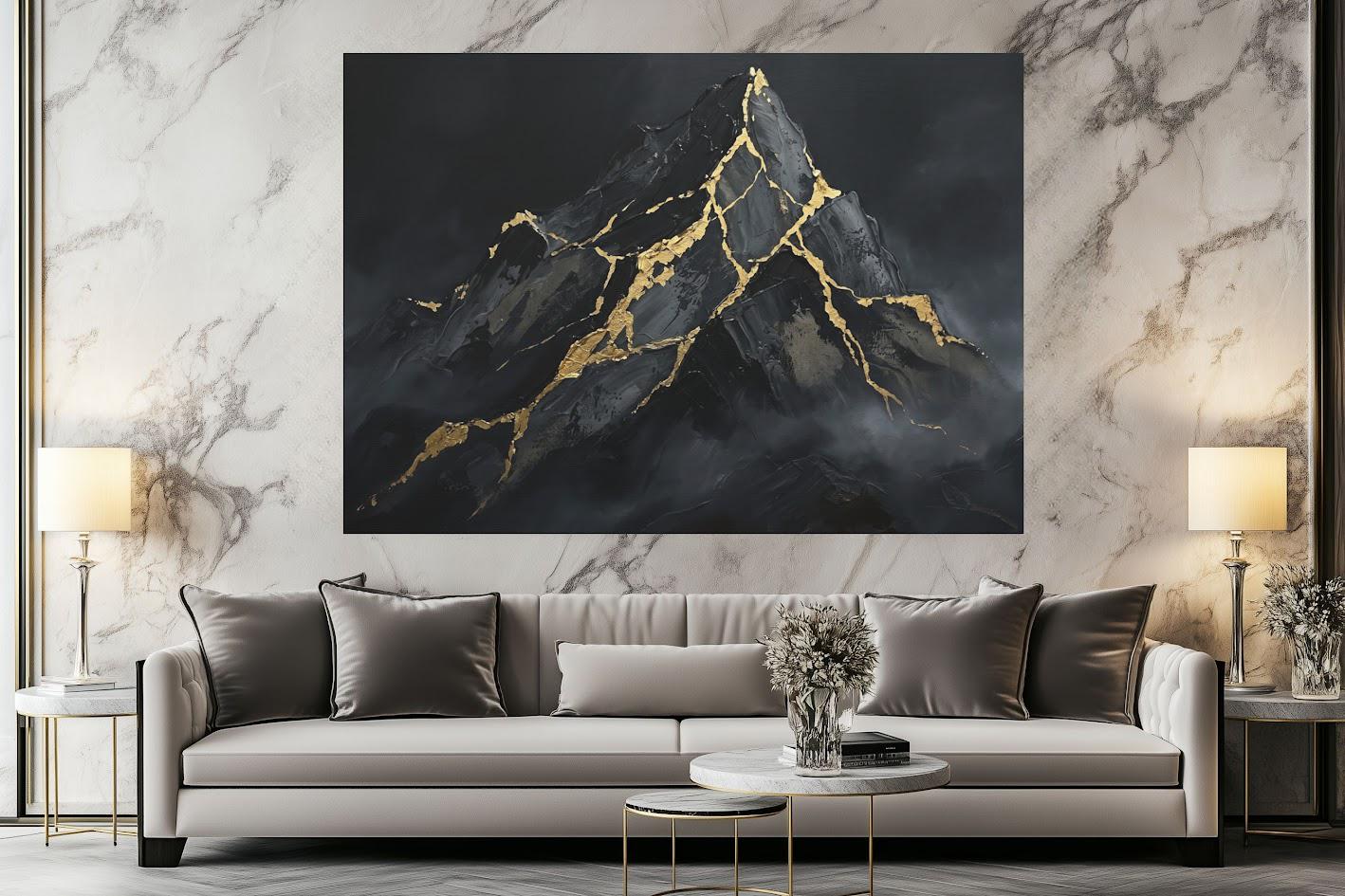 Mountain Wall Art | Black Gold Kintsugi Canvas | Masculine Office Decor — Poster wall art