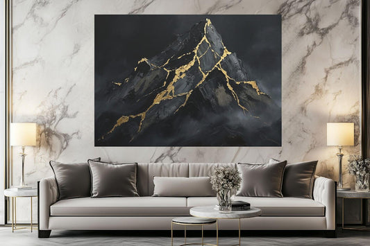Mountain Wall Art | Black Gold Kintsugi Canvas | Masculine Office Decor — Poster wall art