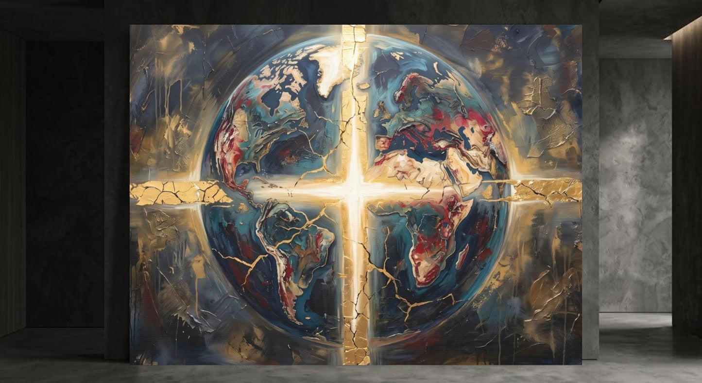 Christian Globe Wall Art, Cross Canvas Print, Faith Home Decor — Framed Print wall art