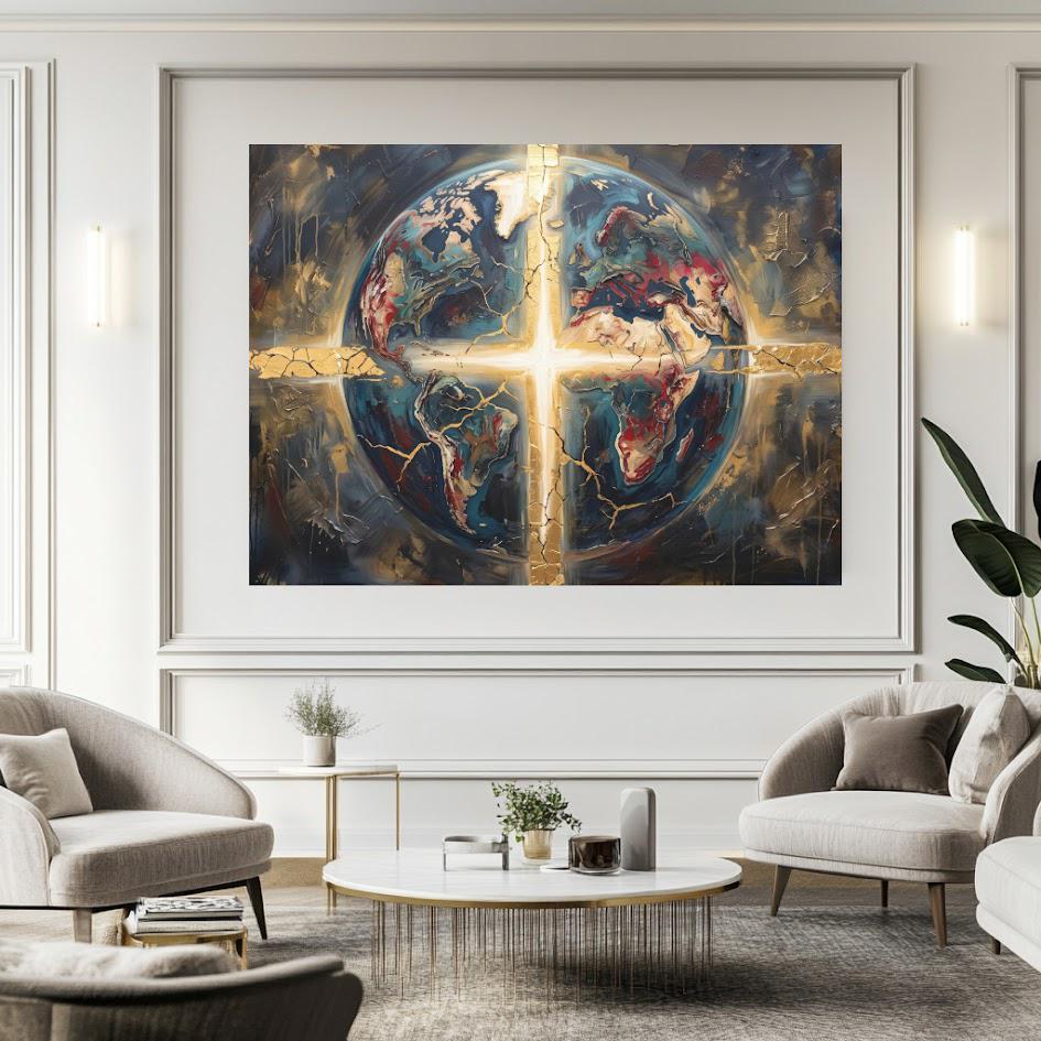 Christian Globe Wall Art, Cross Canvas Print, Faith Home Decor — Framed Print wall art