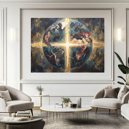 Christian Globe Wall Art, Cross Canvas Print, Faith Home Decor — Framed Print wall art