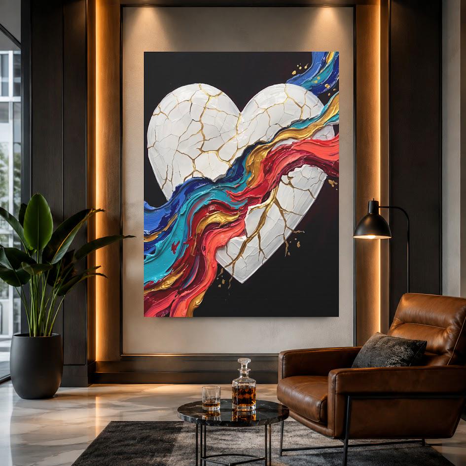 Broken Heart Wall Art | Kintsugi Love Canvas | Colorful Healing Decor — Framed Print wall art