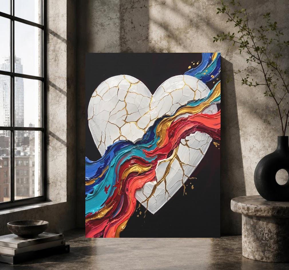 Broken Heart Wall Art | Kintsugi Love Canvas | Colorful Healing Decor — Poster wall art